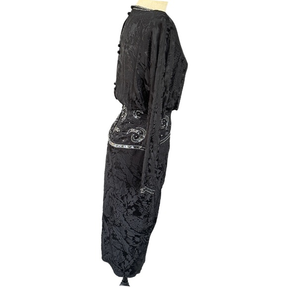 A.J. BARI 100% Silk 1980s Vintage Black Dress Asymmetrical Beaded with Sequins - Picture 8 of 13
